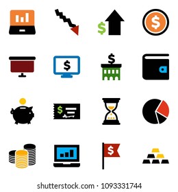 solid vector icon set - dollar coin vector, pie graph, laptop, wallet, crisis, piggy bank, growth, stack, check, building, sand clock, presentation board, flag, monitor, gold ingot