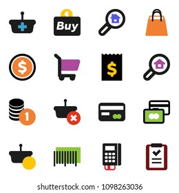 solid vector icon set - dollar coin vector, credit card, stack, receipt, search estate, shopping bag, buy, barcode, reader, basket, cart, list