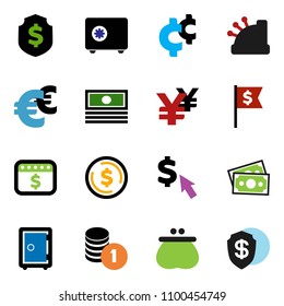 solid vector icon set - dollar coin vector, cash, stack, flag, shield, safe, calendar, cursor, euro sign, yen, cent, money, wallet, cashbox