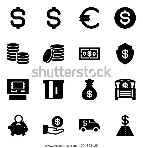 Solid\
vector icon set - dollar sign vector, euro, coin, safe, atm, money\
bag, chest, piggy bank, investment, encashment\
car