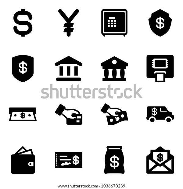 Solid vector icon set - dollar sign vector, yen,\
safe, bank, atm, cash, card pay, encashment car, wallet, check,\
money bag, mail