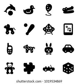 Solid vector icon set - dolphin vector, duck toy, balloon smile, crocodile, wheel horse, baseball bat, ufo, game console, phone, rabbit, car, bear, puzzle, bones