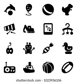 Solid vector icon set - dolphin vector, balloon smile, ball, dinosaur toy, xylophone, excavator, game console, baby carousel, yoyo, robot, dart, duck, radio, boat, basketball, football
