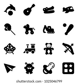 Solid vector icon set - dolphin vector, guitar, crocodile, plane toy, horse stick, wheel, excavator, baseball bat, ufo, train, bear, bow, paper, monster, soother, cube hole