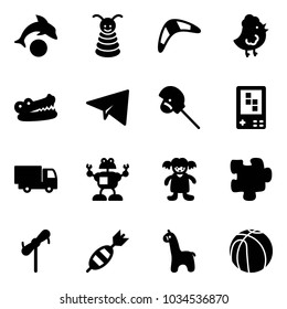 Solid vector icon set - dolphin vector, pyramid toy, boomerang, chicken, crocodile, paper plane, horse stick, game console, truck, robot, doll, puzzle, windmill, dart, giraffe, basketball