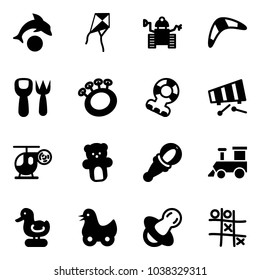 Solid vector icon set - dolphin vector, kite, robot, boomerang, shovel fork toy, beanbag, teethers, xylophone, helicopter, bear, train, duck, soother, Tic tac toe