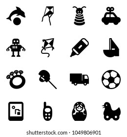 Solid vector icon set - dolphin vector, kite, pyramid toy, car, robot, marker, sailboat, beanbag, horse stick, truck, soccer ball, game console, phone, russian doll, duck