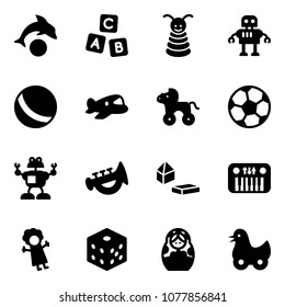 Solid vector icon set - dolphin vector, abc cube, pyramid toy, robot, ball, plane, wheel horse, soccer, horn, constructor blocks, piano, doll, bones, russian, duck