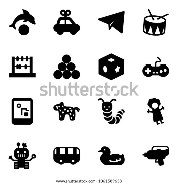 Solid\
vector icon set - dolphin vector, car toy, paper plane, drum,\
abacus, billiards balls, cube, gamepad, game console, horse,\
caterpillar, doll, robot, bus, duck, water\
gun
