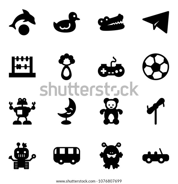 Solid vector icon set -\
dolphin vector, duck toy, crocodile, paper plane, abacus, beanbag,\
gamepad, soccer ball, robot, moon lamp, bear, windmill, bus,\
monster, car