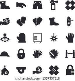Solid vector icon set - door lock flat vector, hard hat, potholder, gumboots, gloves, laser, investments, patch, athletic shorts, boxing, VIP area fector, surveillance camera, security, safe