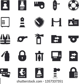 Solid vector icon set - door lock flat vector, lighthouse, credit card, badge, whistle, indentity fector, VIP area, control gate, passport, cash dispenser, surveillance camera, security, safe