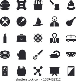 Solid vector icon set - door lock flat vector, potholder, whisk, turk, flour, ham, watermelon, French fries, mustard, pancakes, drop, flipchart, ambulance, tomograph, molecules, sperm, briefcase