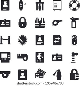 Solid vector icon set - door lock flat vector, lighthouse, badge, whistle, indentity card fector, VIP area, control gate, passport, credit, cash dispenser, surveillance camera, security, safe