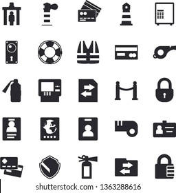 Solid vector icon set - door lock flat vector, lighthouse, credit card, badge, whistle, indentity fector, VIP area, control gate, passport, cash dispenser, security, safe, life vest, lifebuoy