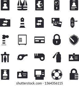 Solid vector icon set - door lock flat vector, lighthouse, credit card, badge, whistle, indentity fector, control gate, passport, cash dispenser, security, safe, life vest, lifebuoy, file sharing