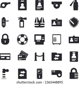 Solid vector icon set - door lock flat vector, lighthouse, credit card, badge, whistle, indentity fector, VIP area, cash dispenser, surveillance camera, security, safe, life vest, lifebuoy