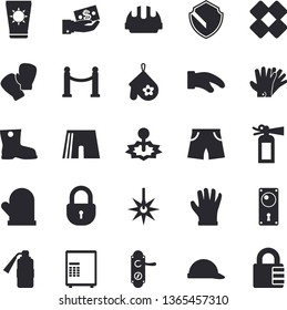 Solid vector icon set - door lock flat vector, hard hat, potholder, gumboots, gloves, laser, investments, patch, athletic shorts, boxing, VIP area fector, sun protection cream, security, safe