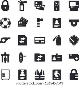 Solid vector icon set - door lock flat vector, lighthouse, credit card, badge, whistle, control gate fector, passport, cash dispenser, surveillance camera, security, safe, life vest, lifebuoy