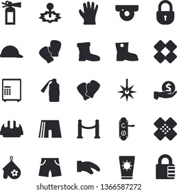 Solid vector icon set - door lock flat vector, hard hat, potholder, gumboots, gloves, laser, investments, patch, athletic shorts, boxing, VIP area, sun protection cream, surveillance camera