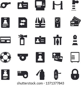 Solid vector icon set - door lock flat vector, lighthouse, credit card, badge, whistle, indentity fector, VIP area, control gate, cash dispenser, surveillance camera, safe, life vest, lifebuoy