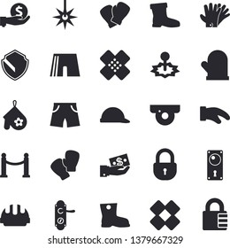 Solid vector icon set - door lock flat vector, hard hat, potholder, gumboots, gloves, laser, investments, patch, athletic shorts, boxing, VIP area fector, surveillance camera, security