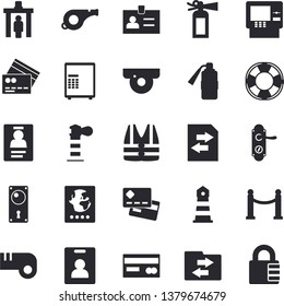 Solid vector icon set - door lock flat vector, lighthouse, credit card, badge, whistle, indentity fector, VIP area, control gate, passport, cash dispenser, surveillance camera, safe, life vest