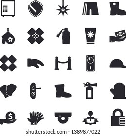 Solid vector icon set - door lock flat vector, hard hat, potholder, gumboots, gloves, laser, investments, patch, athletic shorts, boxing, VIP area fector, sun protection cream, surveillance camera