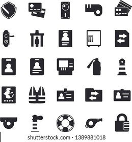 Solid vector icon set - door lock flat vector, lighthouse, credit card, badge, whistle, indentity fector, control gate, passport, cash dispenser, surveillance camera, security, safe, life vest