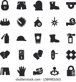 Solid vector icon set - door lock flat vector, hard hat, potholder, gumboots, gloves, laser, investments, patch, athletic shorts, boxing, sun protection cream fector, surveillance camera, security