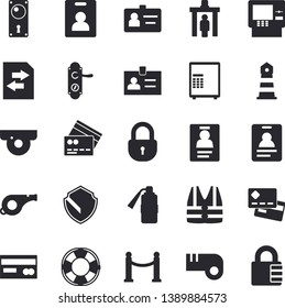 Solid vector icon set - door lock flat vector, lighthouse, credit card, badge, whistle, indentity fector, VIP area, control gate, cash dispenser, surveillance camera, security, safe, life vest