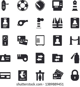 Solid vector icon set - door lock flat vector, lighthouse, credit card, badge, whistle, indentity fector, VIP area, control gate, passport, cash dispenser, security, safe, life vest, lifebuoy