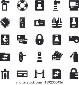 Solid vector icon set - door lock flat vector, lighthouse, credit card, badge, whistle, indentity fector, VIP area, control gate, passport, cash dispenser, security, life vest, lifebuoy