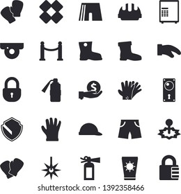 Solid vector icon set - door lock flat vector, hard hat, potholder, gumboots, gloves, laser, investments, patch, athletic shorts, boxing, VIP area fector, sun protection cream, surveillance camera