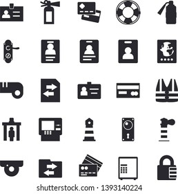 Solid vector icon set - door lock flat vector, lighthouse, credit card, badge, whistle, indentity fector, control gate, passport, cash dispenser, surveillance camera, safe, life vest, lifebuoy