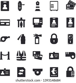 Solid vector icon set - door lock flat vector, lighthouse, credit card, badge, whistle, indentity fector, VIP area, control gate, passport, cash dispenser, surveillance camera, safe, life vest