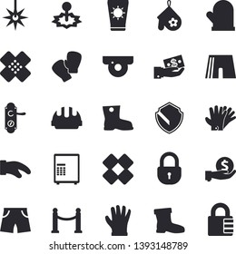 Solid vector icon set - door lock flat vector, hard hat, potholder, gumboots, gloves, laser, investments, patch, athletic shorts, boxing, VIP area fector, sun protection cream, surveillance camera