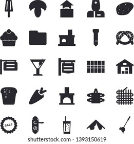 Solid vector icon set - door lock flat vector, tile, potato, carrot, bagel, cake, bread, mushroom, ice cream, cocktail, soda, fireplace, fabric manufacture, signboard, sell out, warehouse, physician