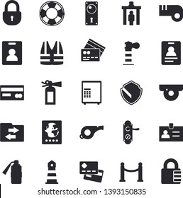 Solid vector icon set - door lock flat vector, lighthouse, credit card, whistle, indentity fector, VIP area, control gate, passport, surveillance camera, security, safe, life vest, lifebuoy, badge