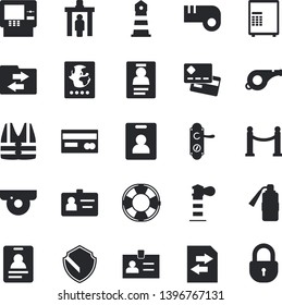 Solid vector icon set - door lock flat vector, lighthouse, credit card, badge, whistle, indentity fector, VIP area, control gate, passport, cash dispenser, surveillance camera, security, safe