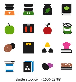 solid vector icon set - double boiler vector, cookbook, cereal, potato, apple fruit, diet, scales, sports nutrition, breads