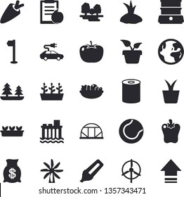 Solid vector icon set - double boiler flat vector, tomato, carrot, canned food, salad, bell pepper, home plant, planting plants, seedlings, greenhouse, windmill, forest, hydroelectric power station