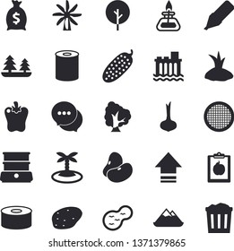 Solid vector icon set - double boiler flat vector, sieve, potato, legumes, onion, canned food, bell pepper, cucumber, tree, planting plants, pond, windmill, forest, hydroelectric power station, chat