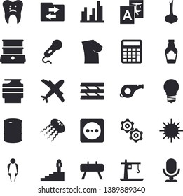 Solid vector icon set - double boiler flat vector, ketchup, onion, sun, oil tanks, lamp, socket, crane, breast, caries, statistic, paper tray, copy machine, career ladder, cogwheel, calculator, size