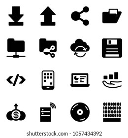 Solid vector icon set - download vector, uplooad, share, folder, network, shared, refresh cloud, save, tag code, mobile, statistics monitor, growth, dollar, server wireless, cd, binary