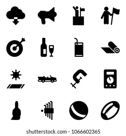 Solid vector icon set - download cloud vector, megaphone, win, target, wine, drink, mat, cabrio, clamp, multimeter, brush, allen key set, ball, football