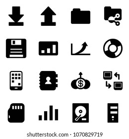 Solid vector icon set - download vector, uplooad, folder, shared, save, statistics, growth arrow, circle chart, mobile, contact book, dollar, data exchange, micro flash card, hdd, server