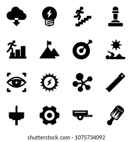 Solid vector icon set - download cloud vector, idea, career, pawn, mountain, target, reading, eye scanner, sun power, molecule, ruler, crown drill, gear, trailer, beanbag