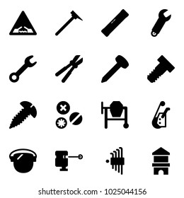 Solid vector icon set - drawbridge vector road sign, mason hammer, level, wrench, bolt cutter, nail, screw, rivet, cocncrete mixer, winch, protect glass, laser lever, allen key set, toy block house