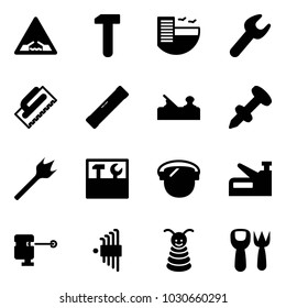 Solid vector icon set - drawbridge vector road sign, work, hotel, wrench, trowel, level, jointer, nail dowel, wood drill, tool box, protect glass, stapler, laser lever, allen key set, pyramid toy